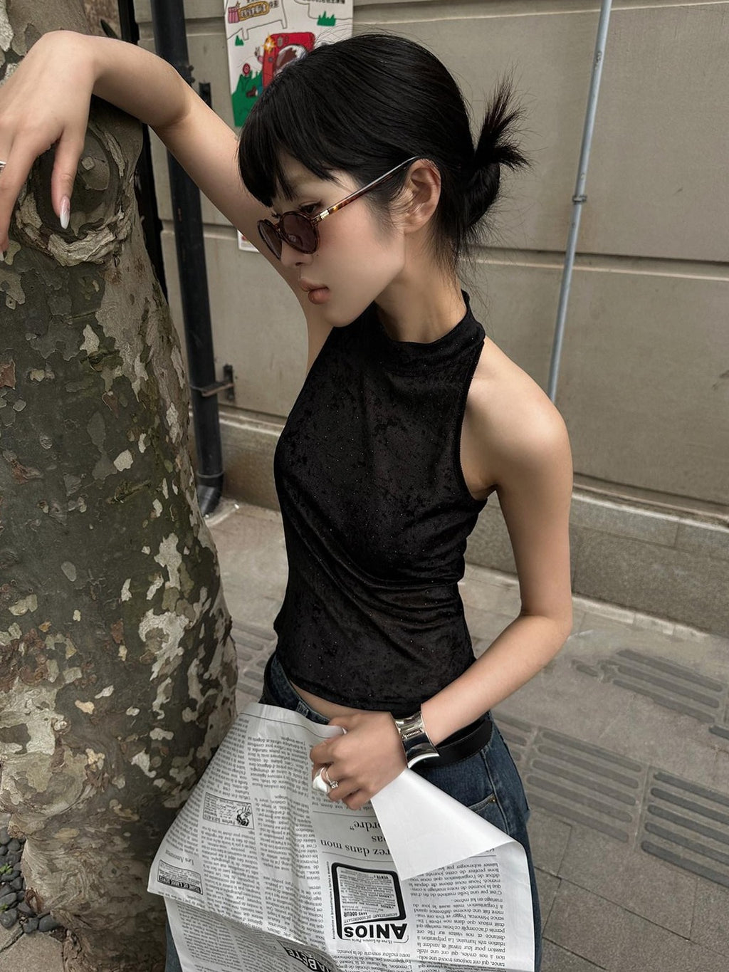 Fanptntox Black Solid Street Slim Fit Cropped Women's Other Fabric Halter Tops