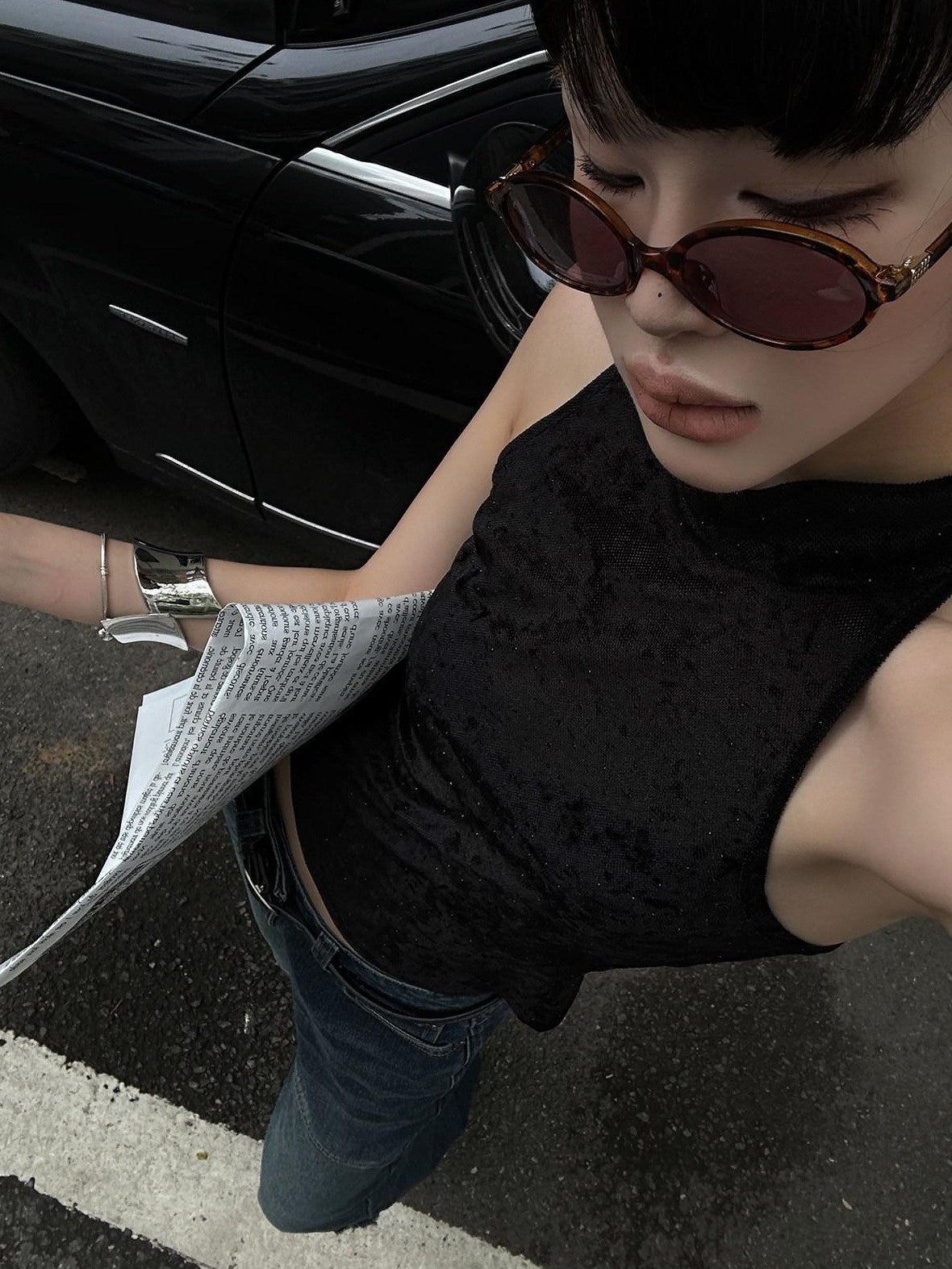 Fanptntox Black Solid Street Slim Fit Cropped Women's Other Fabric Halter Tops