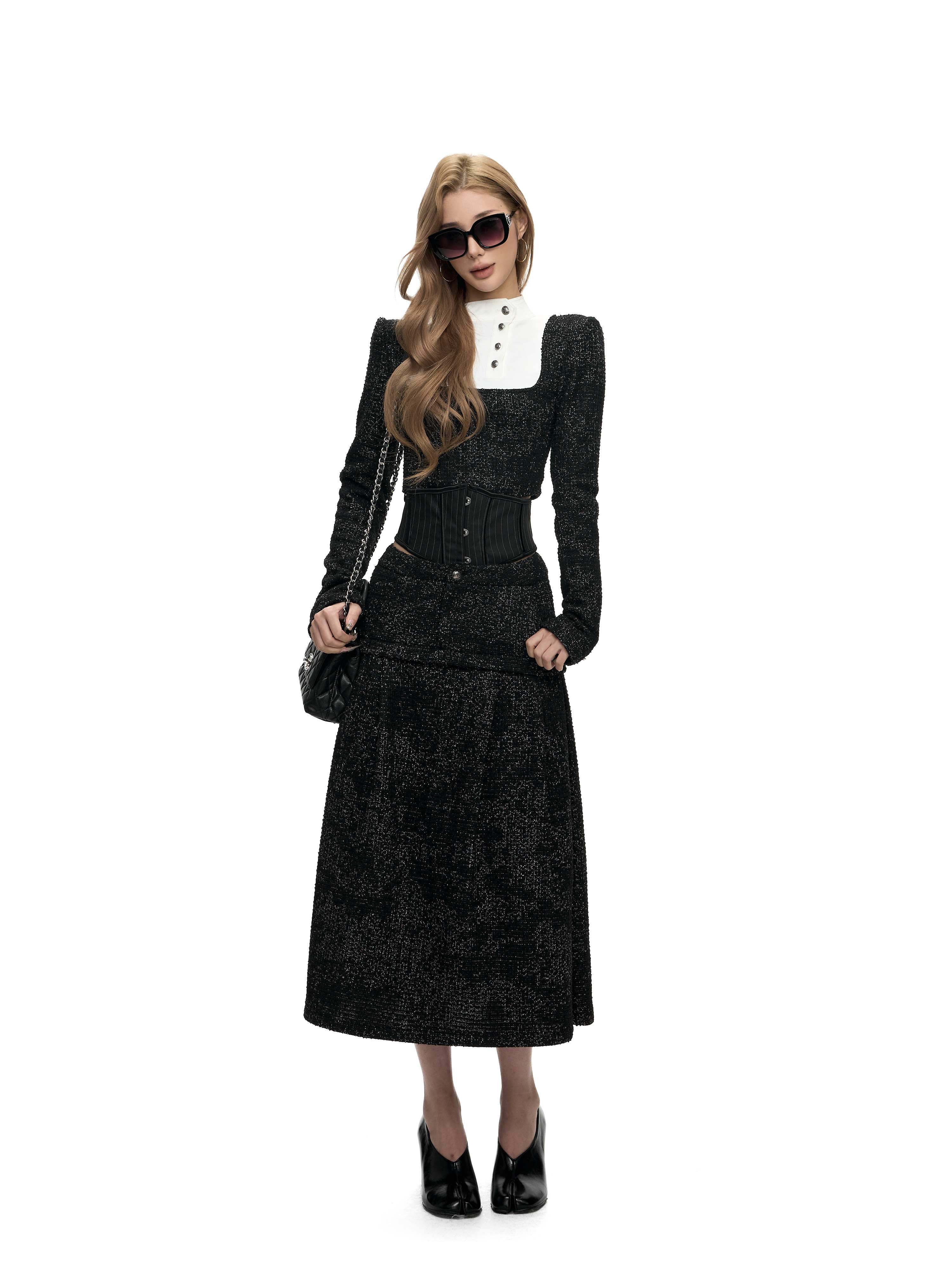 Fanptntox_Black_Stand_Collar_Cropped_Faux_Layered_High_Waist_Women's_Tweed_Skirt_Suits_1007897110778_MISSTT