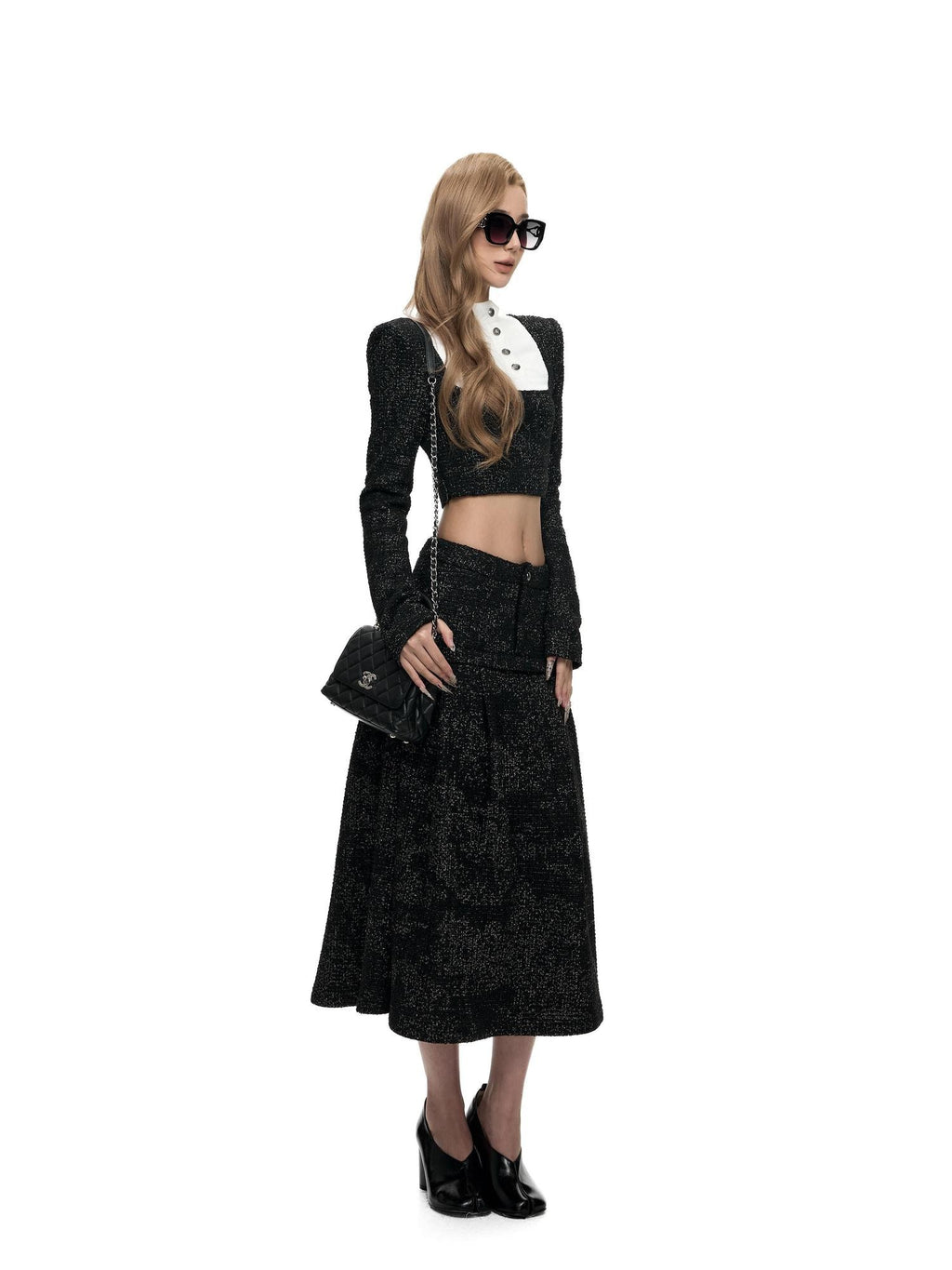 Fanptntox Black Stand Collar Cropped Faux Layered High Waist Women's Tweed Skirt Suits