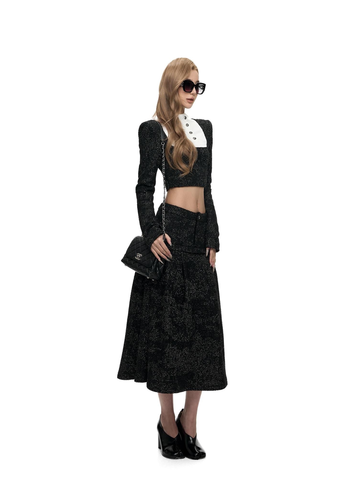 Fanptntox Black Stand Collar Cropped Faux Layered High Waist Women's Tweed Skirt Suits