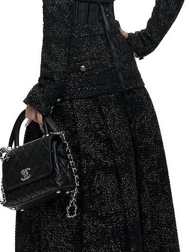 Fanptntox Black Stand Collar Cropped Faux Layered High Waist Women's Tweed Skirt Suits