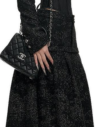 Fanptntox Black Stand Collar Cropped Faux Layered High Waist Women's Tweed Skirt Suits