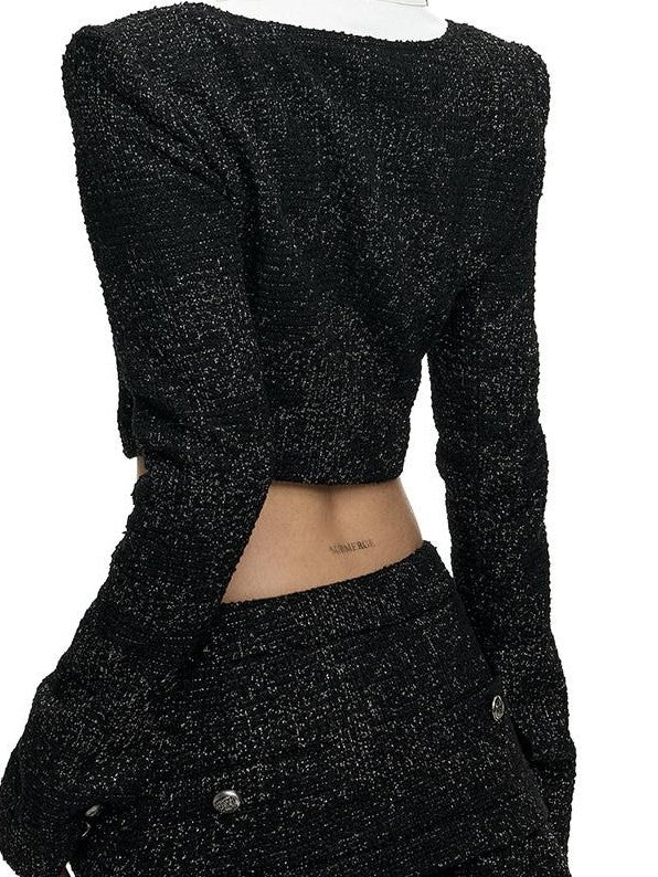Fanptntox Black Stand Collar Cropped Faux Layered High Waist Women's Tweed Skirt Suits