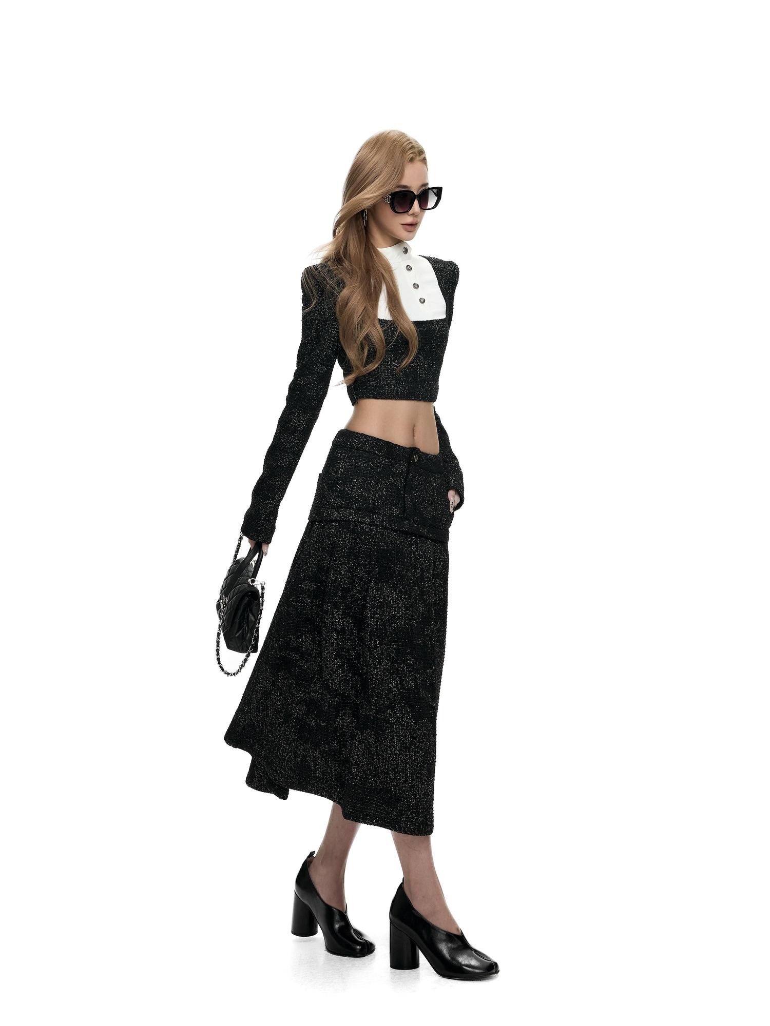 Fanptntox Black Stand Collar Cropped Faux Layered High Waist Women's Tweed Skirt Suits