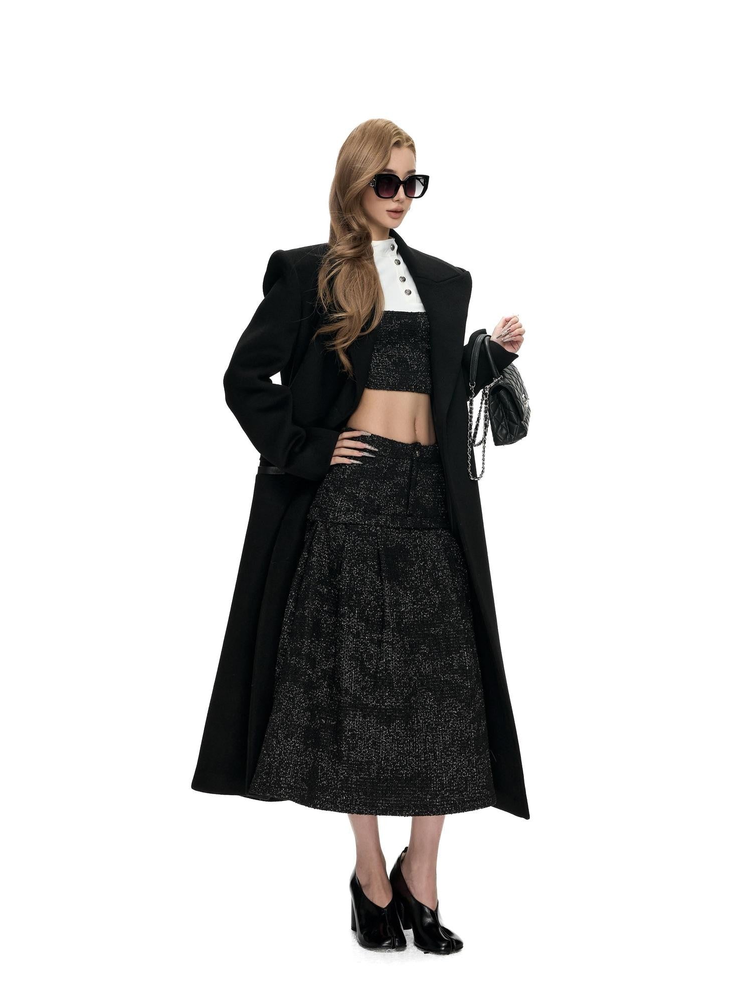 Fanptntox Black Stand Collar Cropped Faux Layered High Waist Women's Tweed Skirt Suits