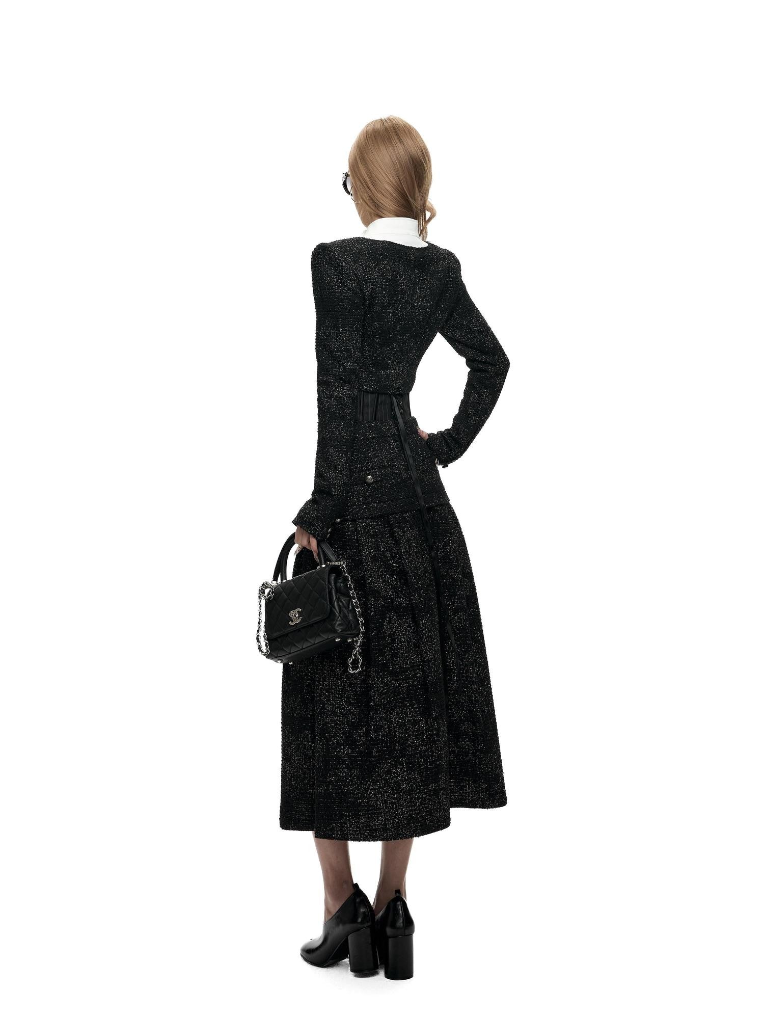 Fanptntox Black Stand Collar Cropped Faux Layered High Waist Women's Tweed Skirt Suits