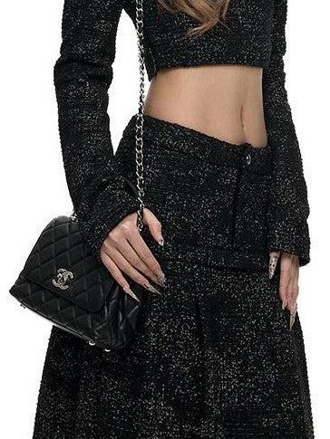 Fanptntox Black Stand Collar Cropped Faux Layered High Waist Women's Tweed Skirt Suits