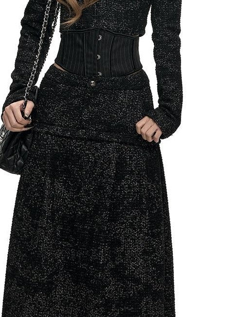 Fanptntox Black Stand Collar Cropped Faux Layered High Waist Women's Tweed Skirt Suits