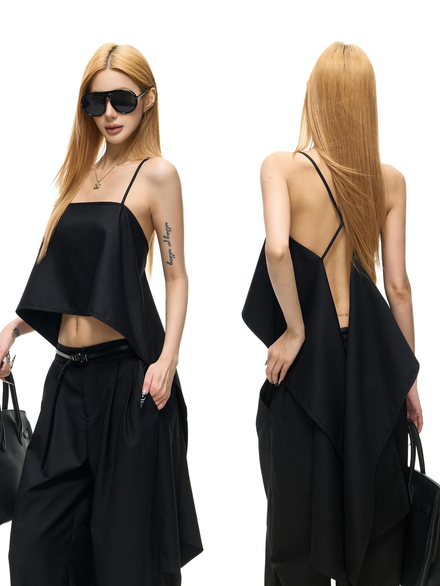 Fanptntox Black Strappy Backless Cropped Multiway Women's Woven Polyester Camisoles