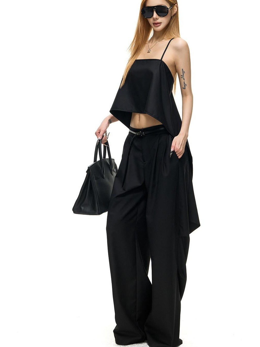 Fanptntox Black Strappy Backless Cropped Multiway Women's Woven Polyester Camisoles