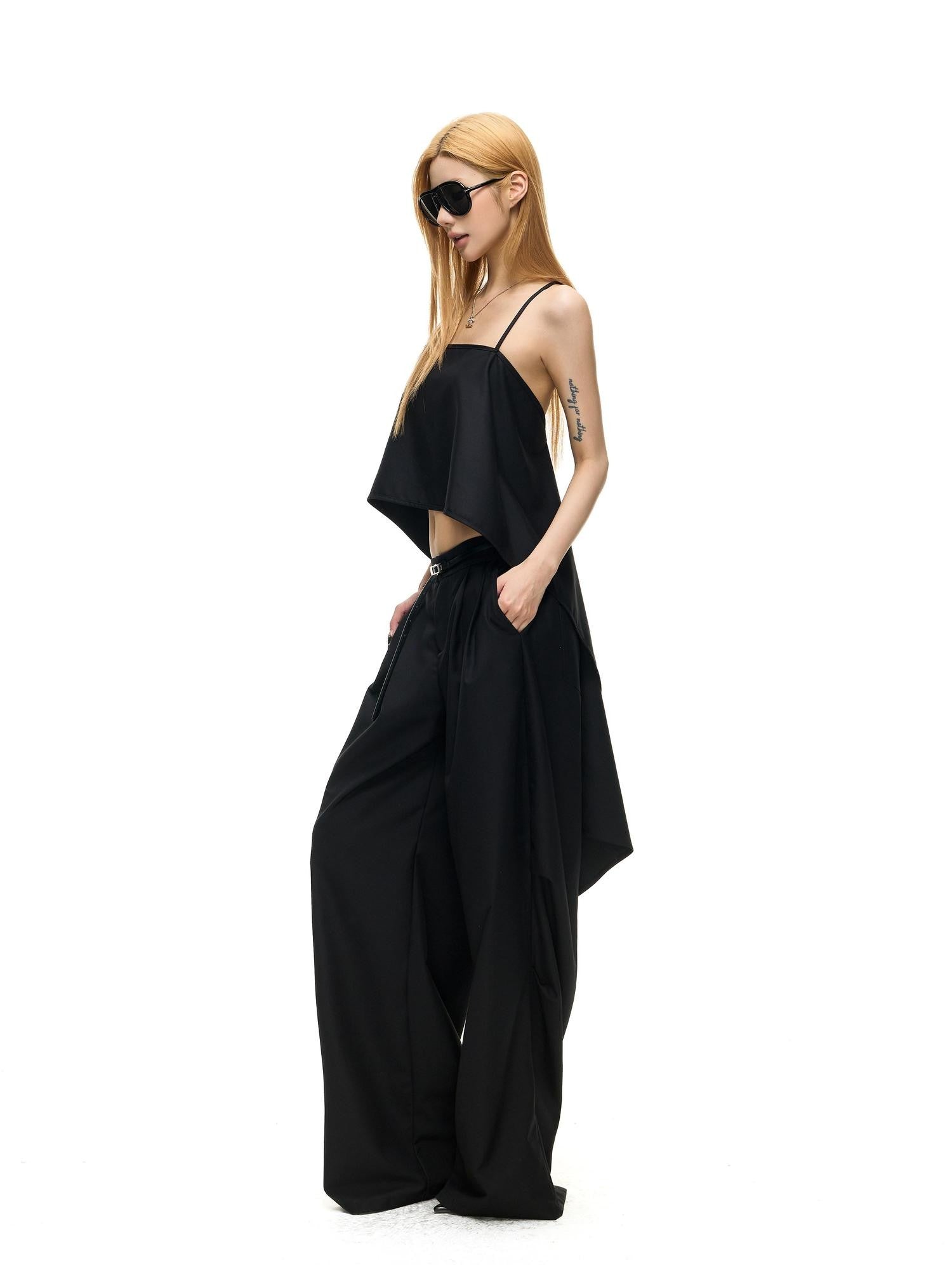 Fanptntox Black Strappy Backless Cropped Multiway Women's Woven Polyester Camisoles