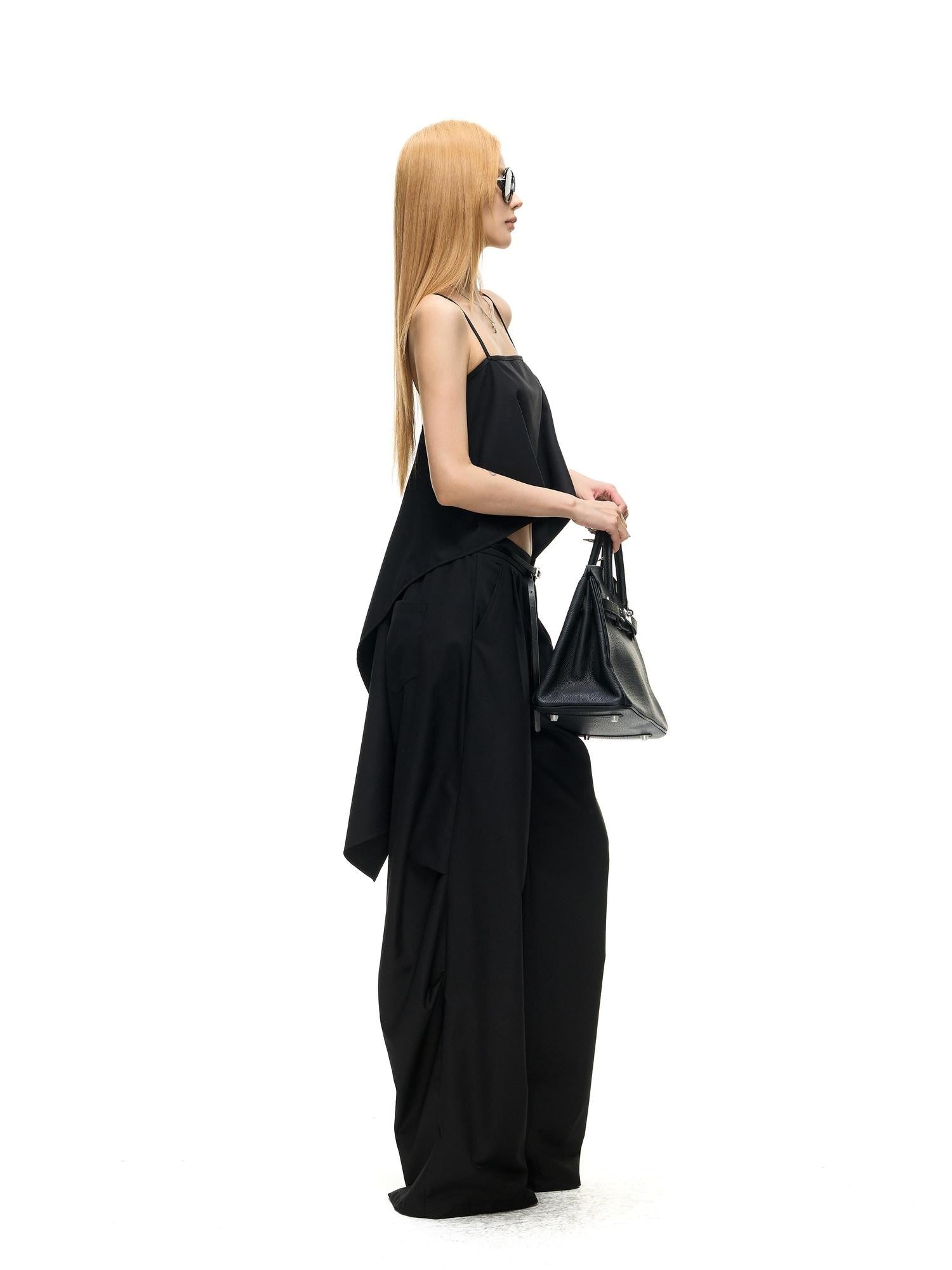 Fanptntox Black Strappy Backless Cropped Multiway Women's Woven Polyester Camisoles