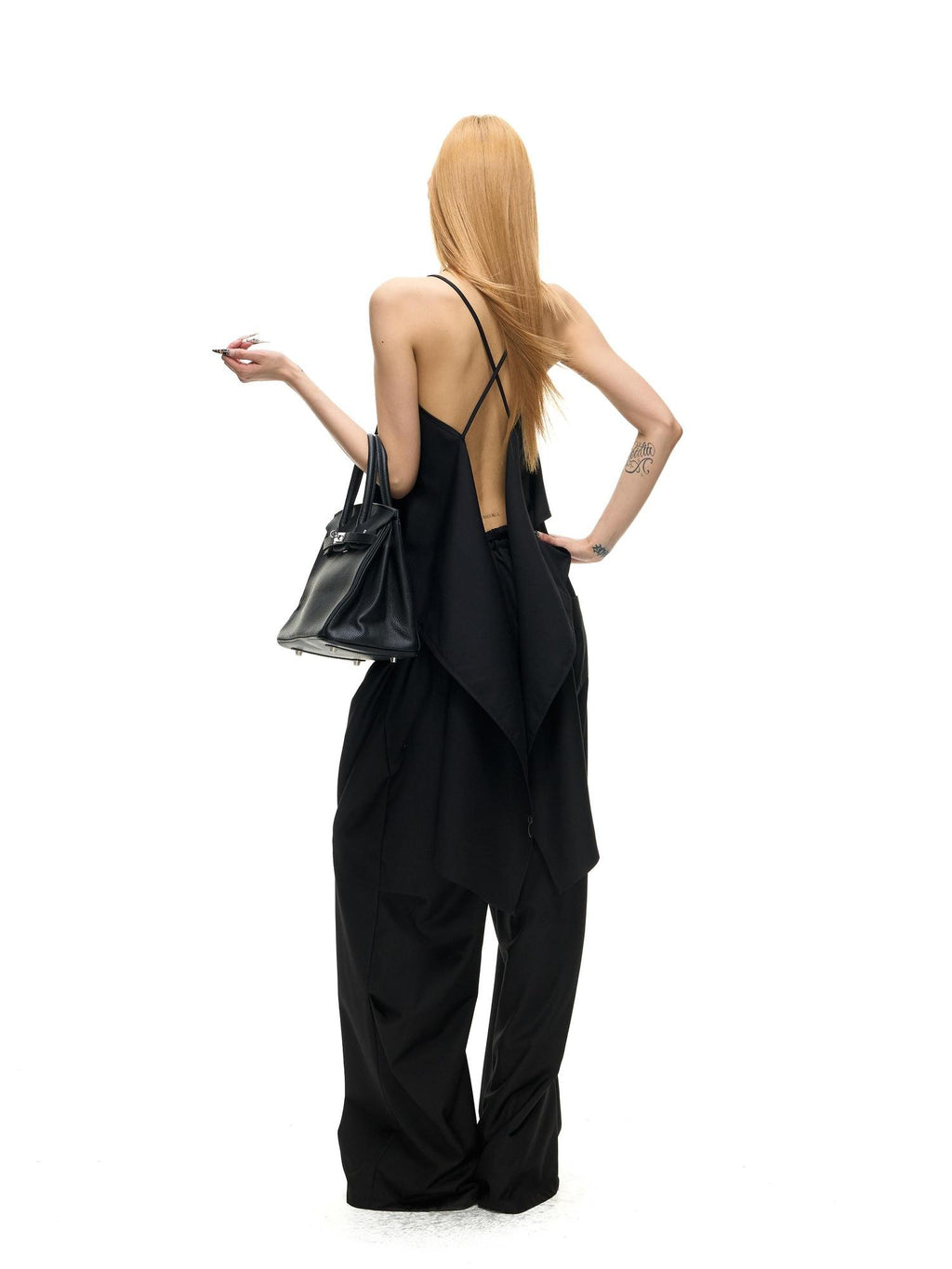 Fanptntox Black Strappy Backless Cropped Multiway Women's Woven Polyester Camisoles