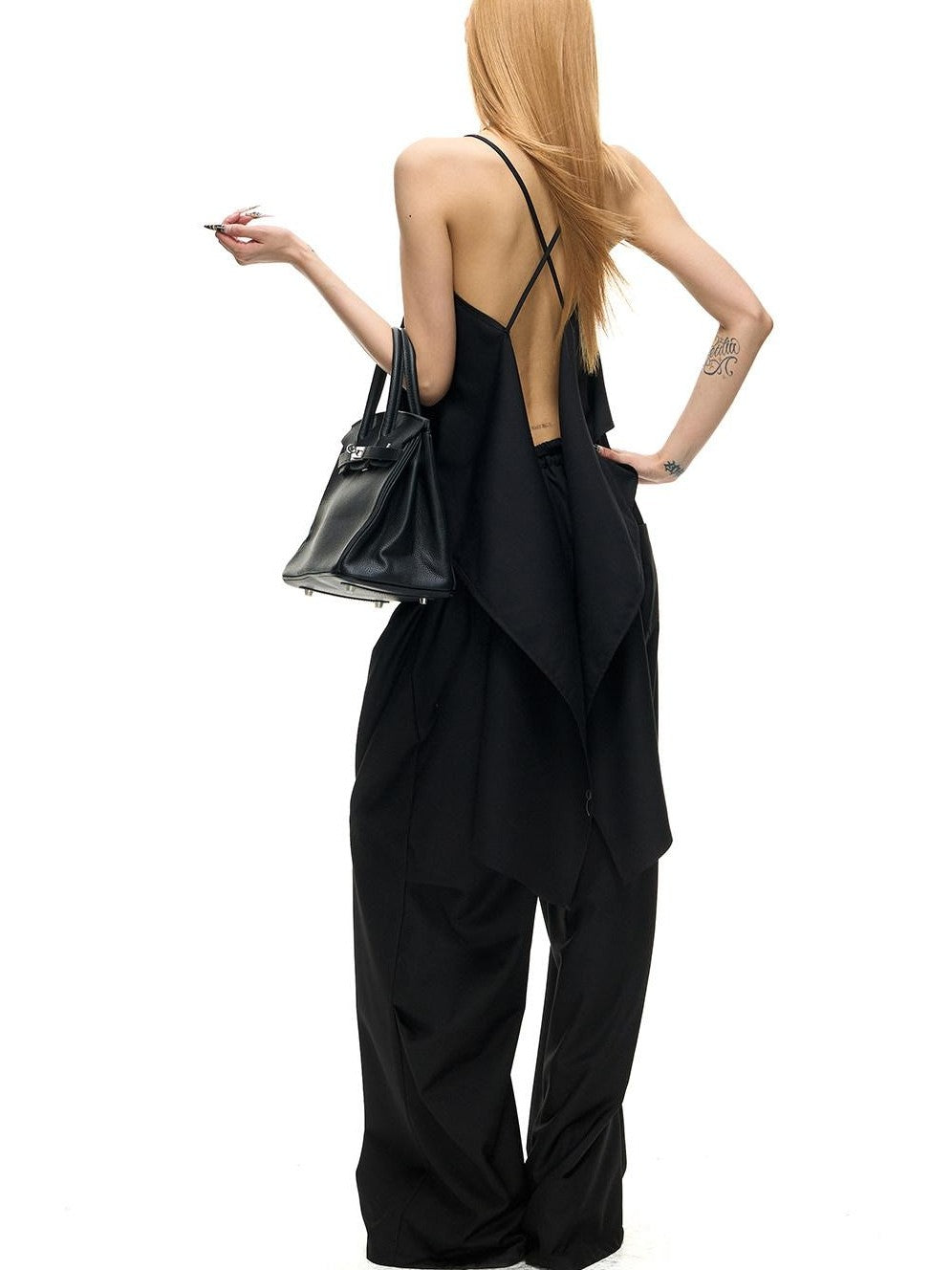 Fanptntox Black Strappy Backless Cropped Multiway Women's Woven Polyester Camisoles