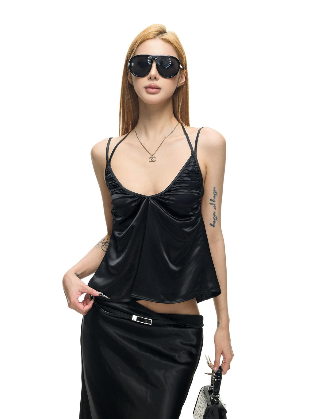 Fanptntox Black Stretch Satin Double Shoulder Strap U Neck Women's Polyester Camisoles