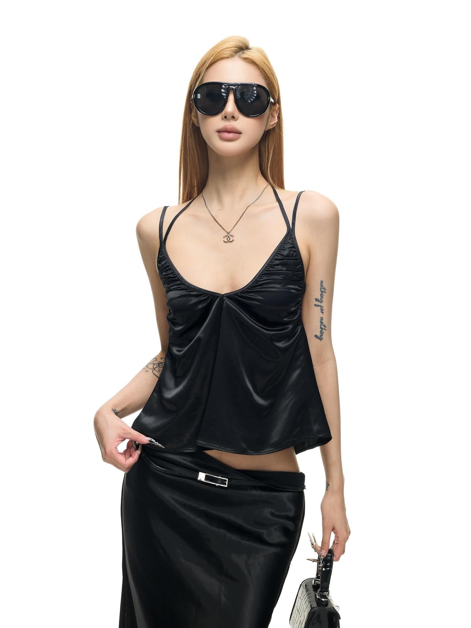 Fanptntox Black Stretch Satin Double Shoulder Strap U Neck Women's Polyester Camisoles