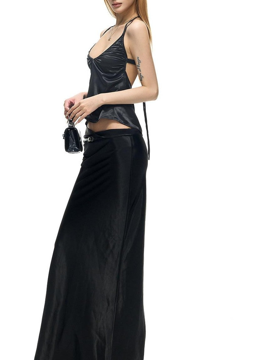 Fanptntox Black Stretch Satin Double Shoulder Strap U Neck Women's Polyester Camisoles