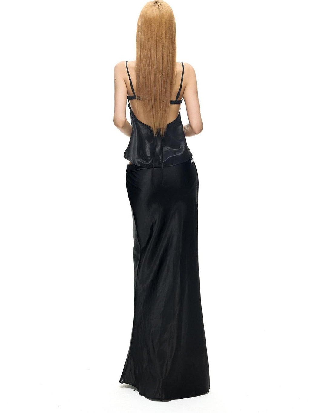 Fanptntox Black Stretch Satin Double Shoulder Strap U Neck Women's Polyester Camisoles