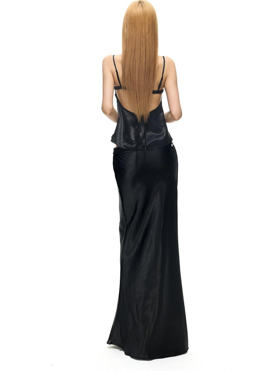 Fanptntox Black Stretch Satin Double Shoulder Strap U Neck Women's Polyester Camisoles