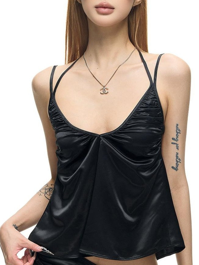 Fanptntox Black Stretch Satin Double Shoulder Strap U Neck Women's Polyester Camisoles