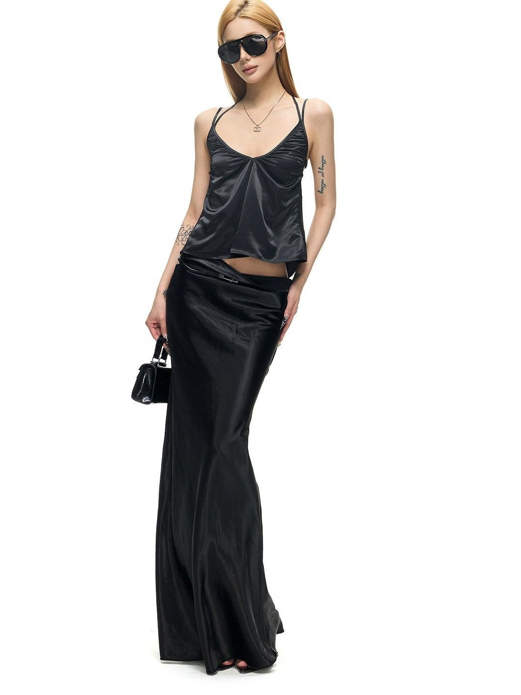 Fanptntox Black Stretch Satin Double Shoulder Strap U Neck Women's Polyester Camisoles