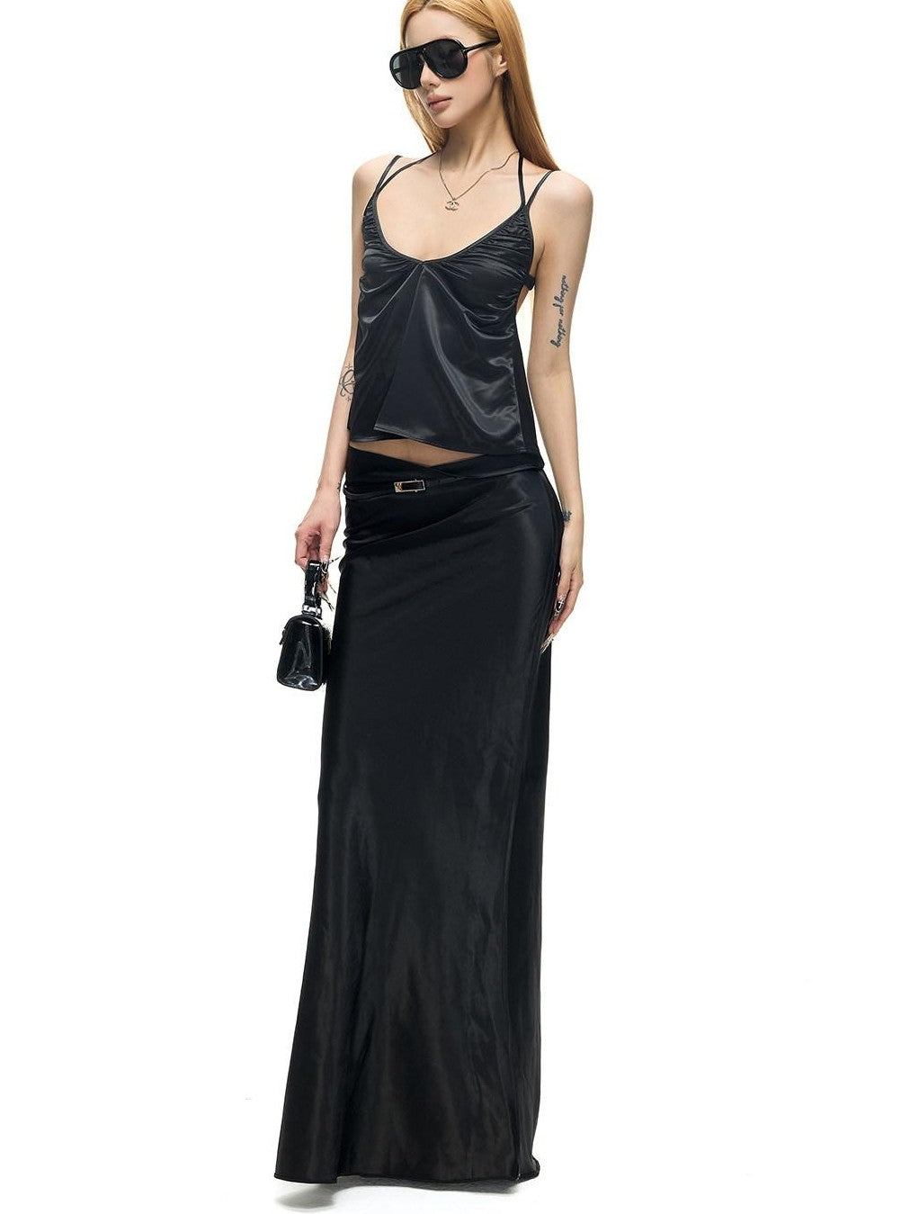 Fanptntox Black Stretch Satin Double Shoulder Strap U Neck Women's Polyester Camisoles