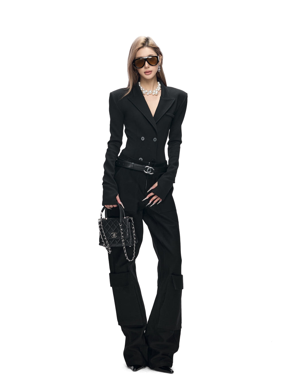 Fanptntox_Black_Stretch_Slim_Knit_Double_Breasted_Detachable_Fur_Collar_Women's_Blazers_987034527432_MISSTT