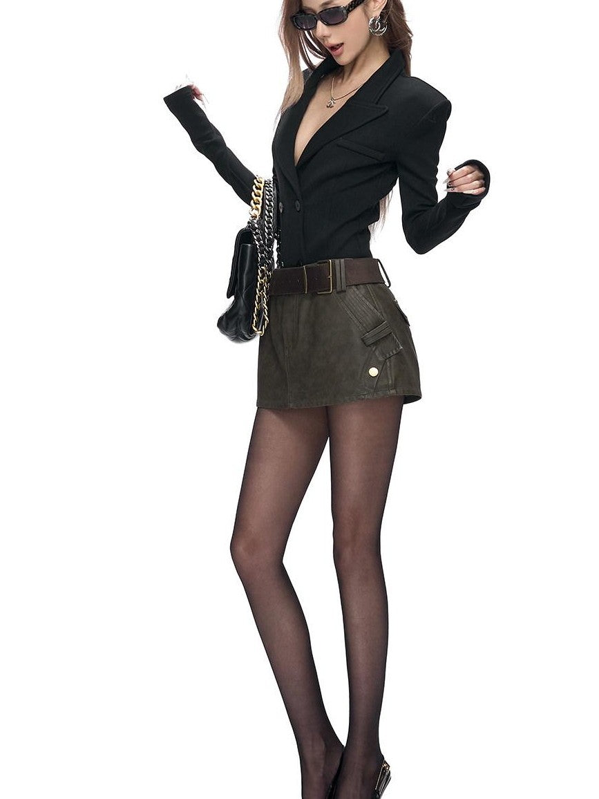 Fanptntox Black Stretch Slim Knit Double Breasted Detachable Fur Collar Women's Blazers