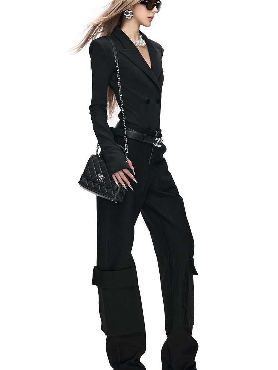 Fanptntox Black Stretch Slim Knit Double Breasted Detachable Fur Collar Women's Blazers