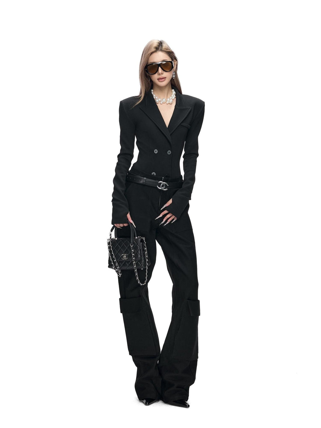 Fanptntox Black Stretch Slim Knit Double Breasted Detachable Fur Collar Women's Blazers
