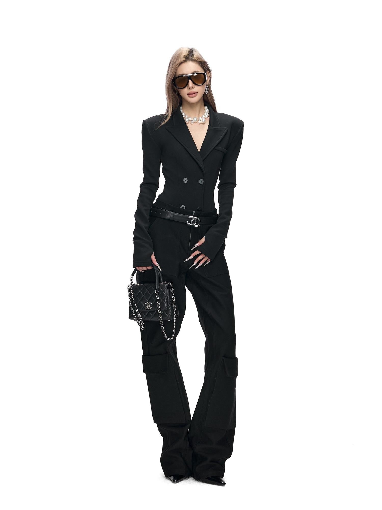 Fanptntox Black Stretch Slim Knit Double Breasted Detachable Fur Collar Women's Blazers