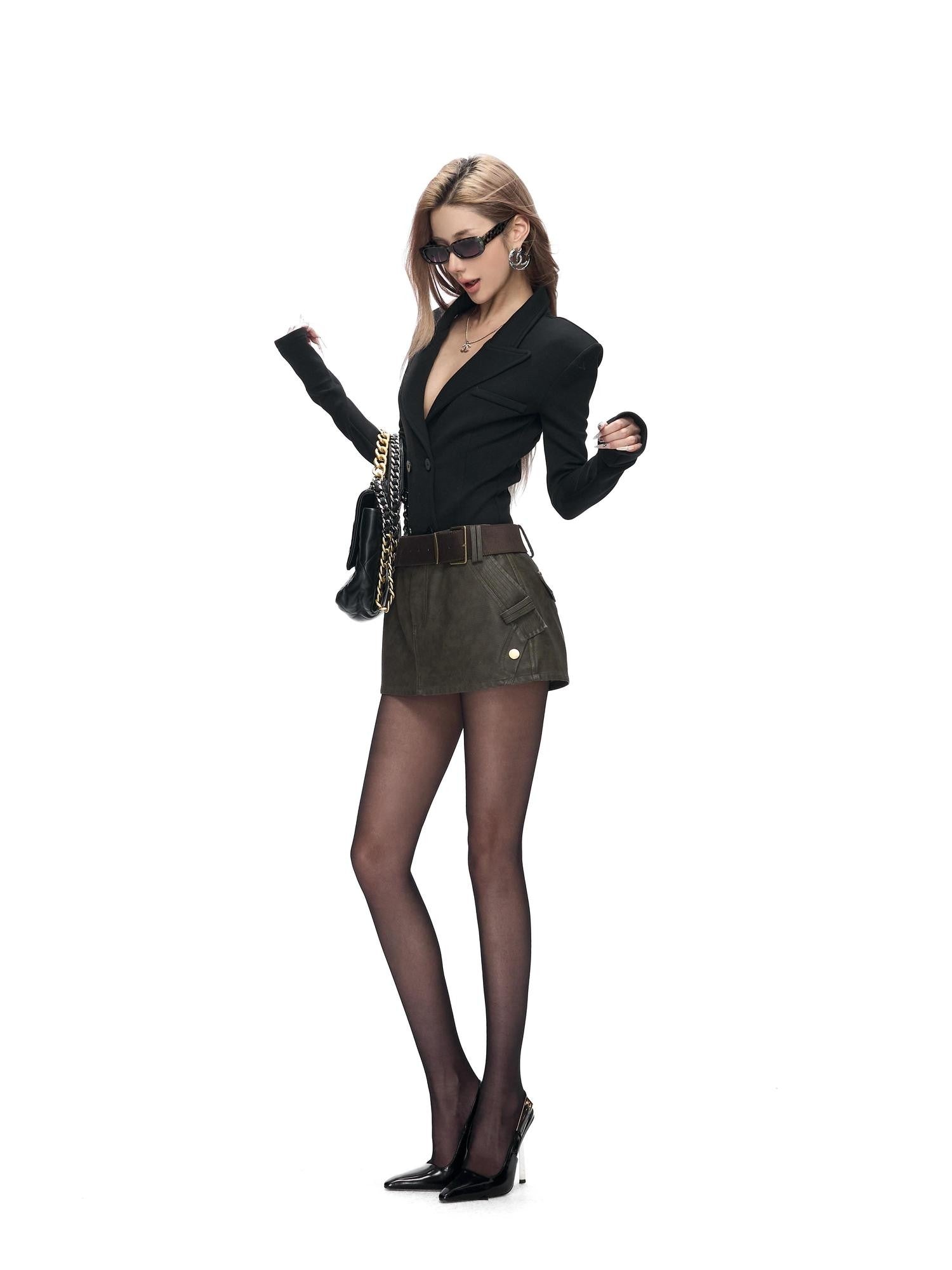 Fanptntox Black Stretch Slim Knit Double Breasted Detachable Fur Collar Women's Blazers