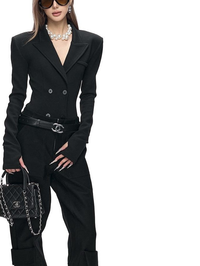 Fanptntox Black Stretch Slim Knit Double Breasted Detachable Fur Collar Women's Blazers