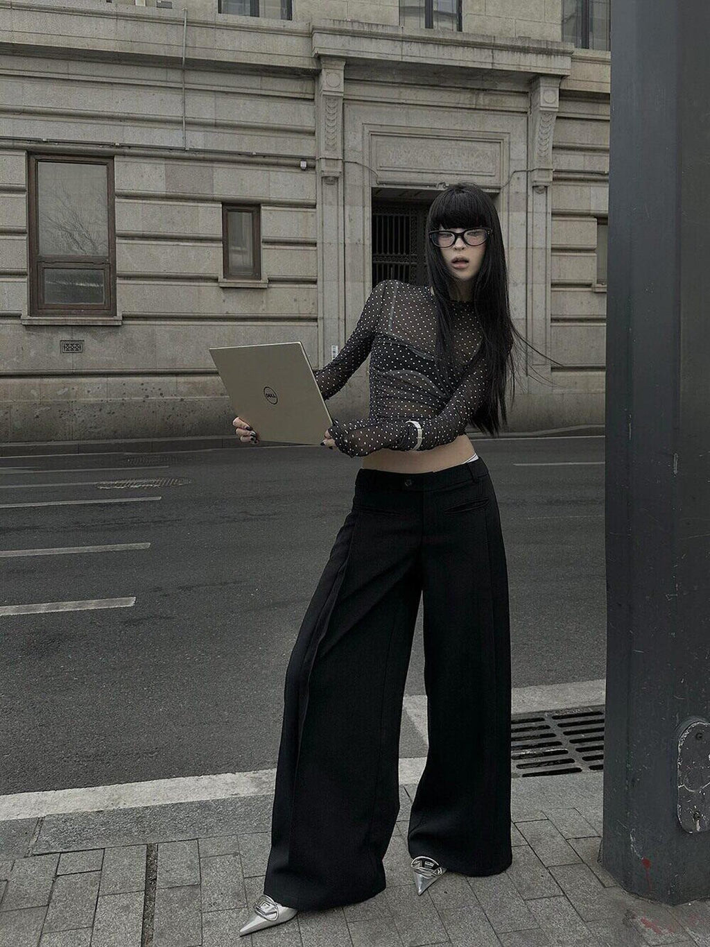Fanptntox Black Tailored High Waist Pocket Loose Drape Slimming Women's Wide-leg Pants