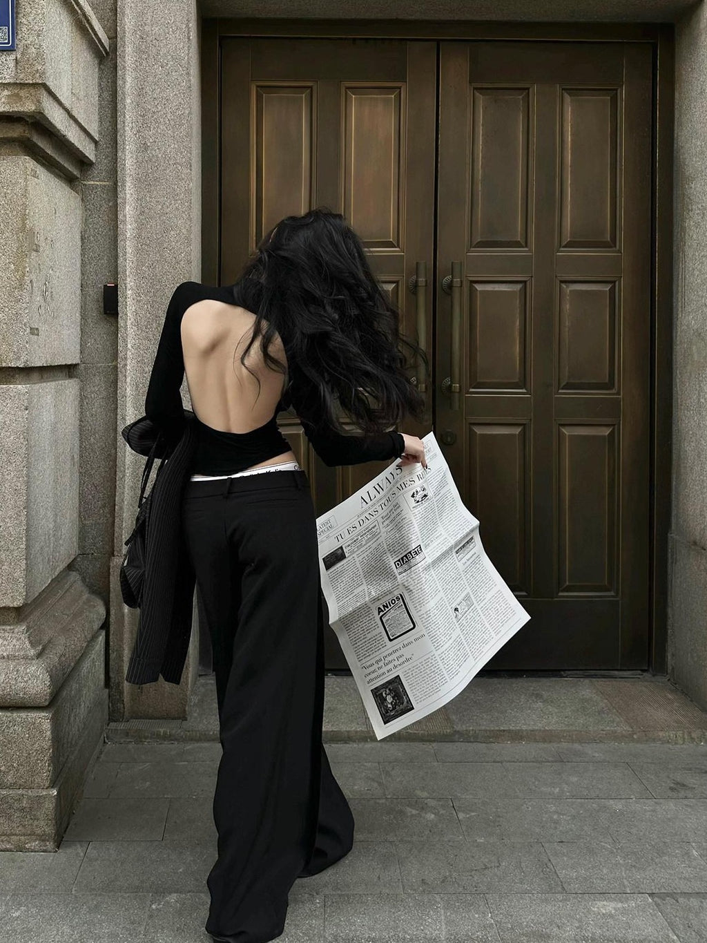 Fanptntox Black Tailored High Waist Pocket Loose Drape Slimming Women's Wide-leg Pants