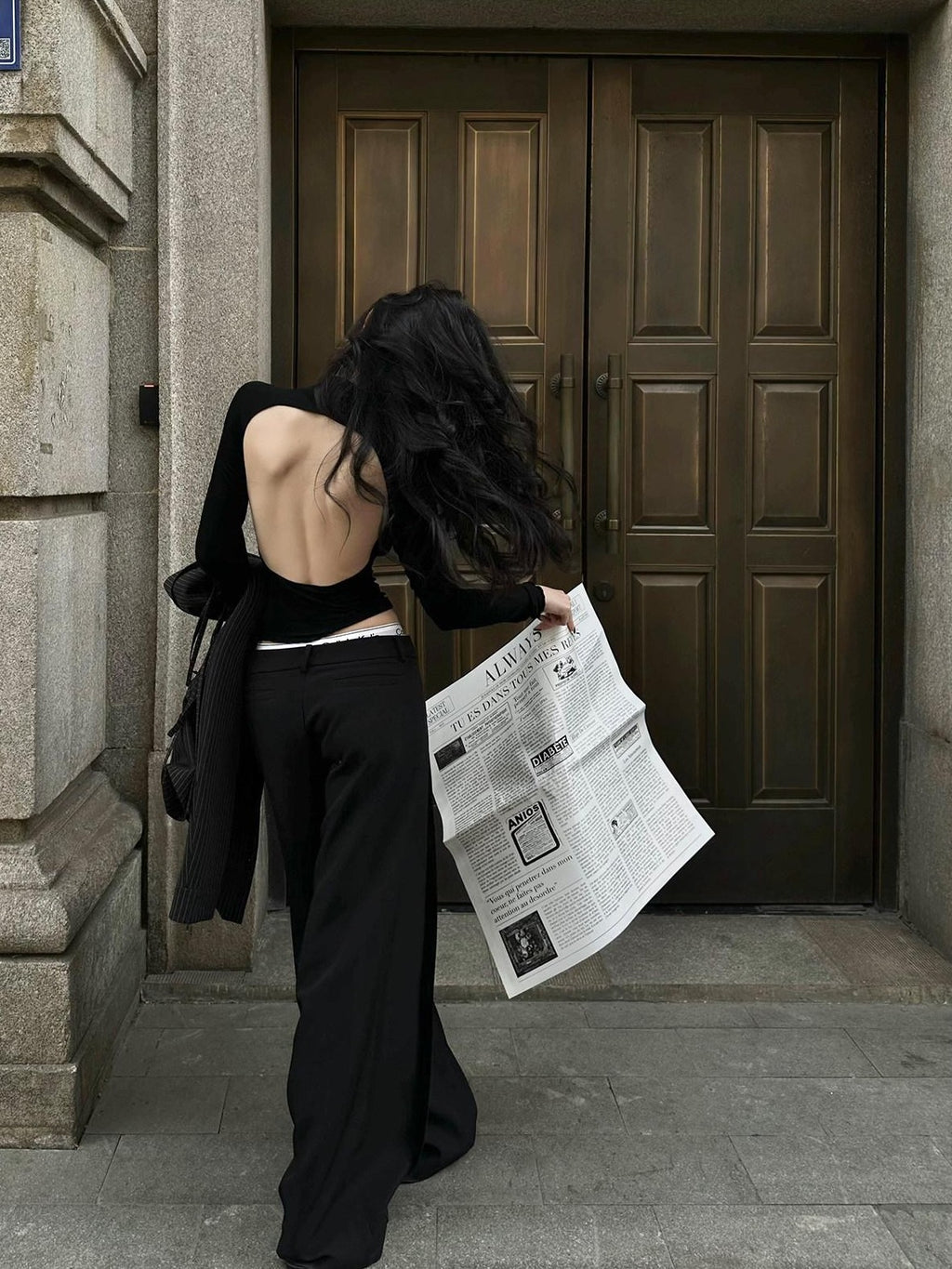 Fanptntox Black Tailored High Waist Pocket Loose Drape Slimming Women's Wide-leg Pants