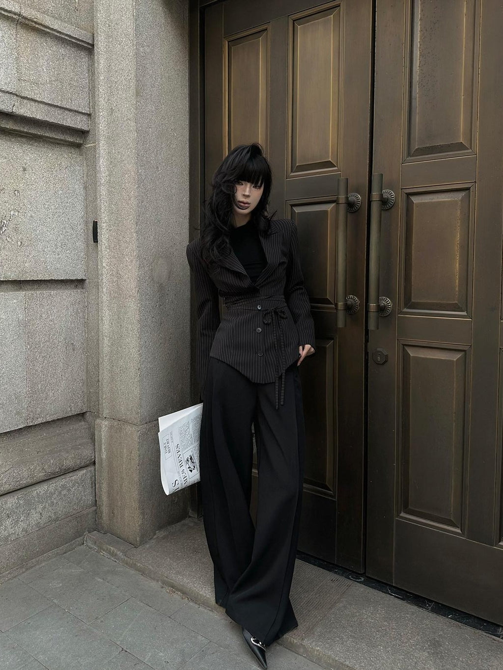 Fanptntox Black Tailored High Waist Pocket Loose Drape Slimming Women's Wide-leg Pants
