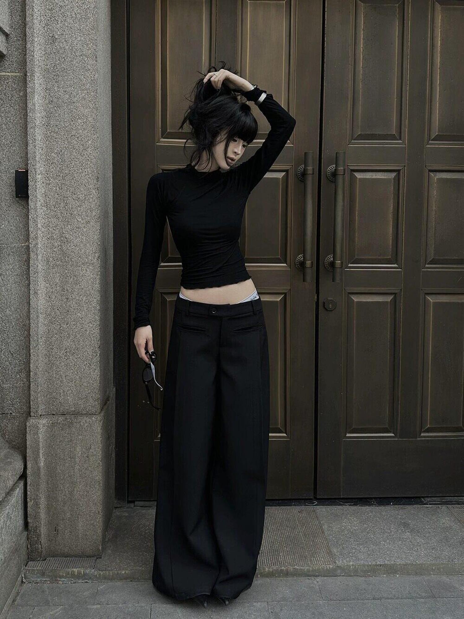 Fanptntox Black Tailored High Waist Pocket Loose Drape Slimming Women's Wide-leg Pants