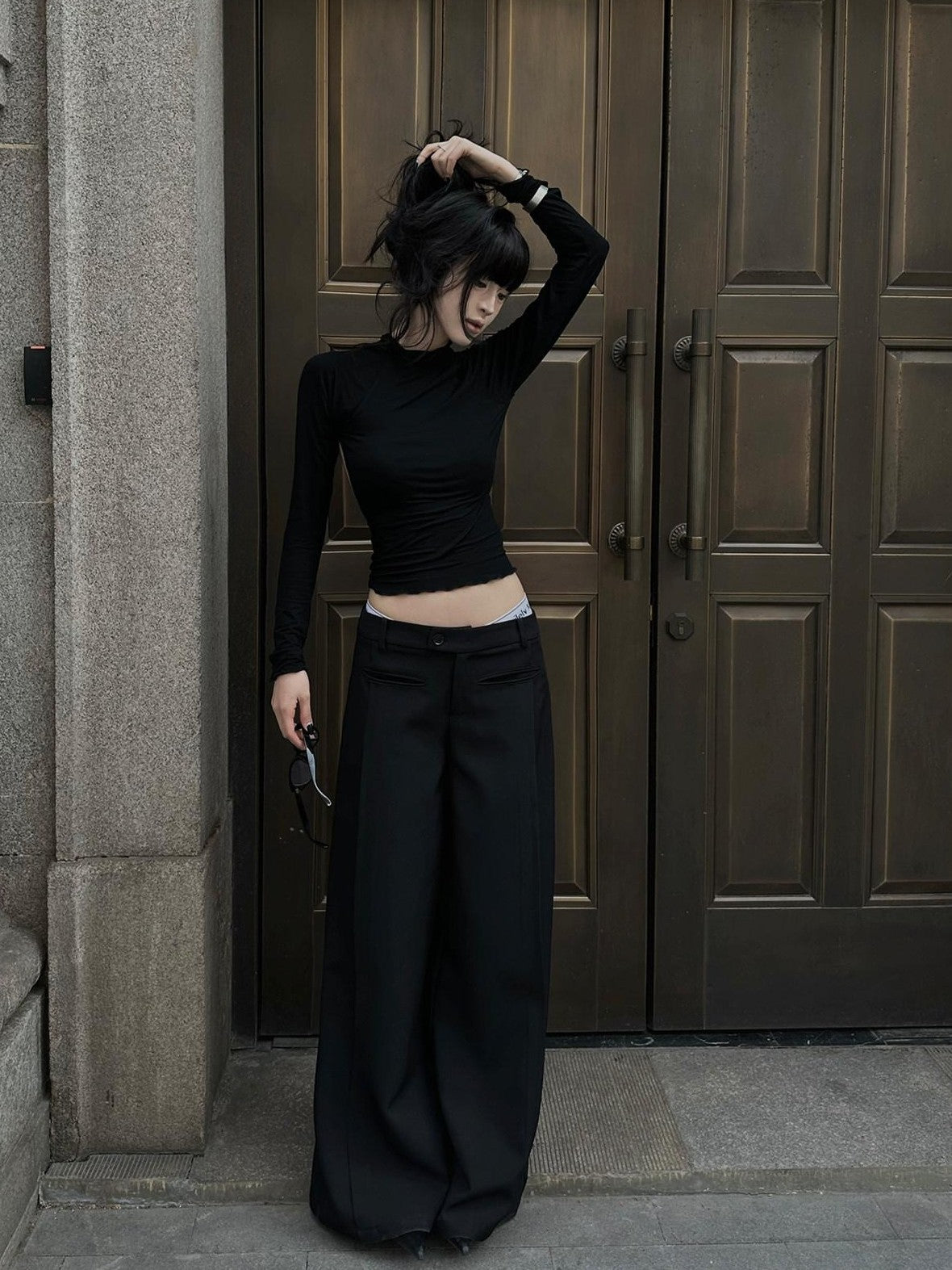 Fanptntox Black Tailored High Waist Pocket Loose Drape Slimming Women's Wide-leg Pants
