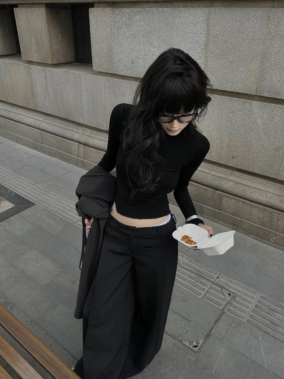 Fanptntox Black Tailored High Waist Pocket Loose Drape Slimming Women's Wide-leg Pants