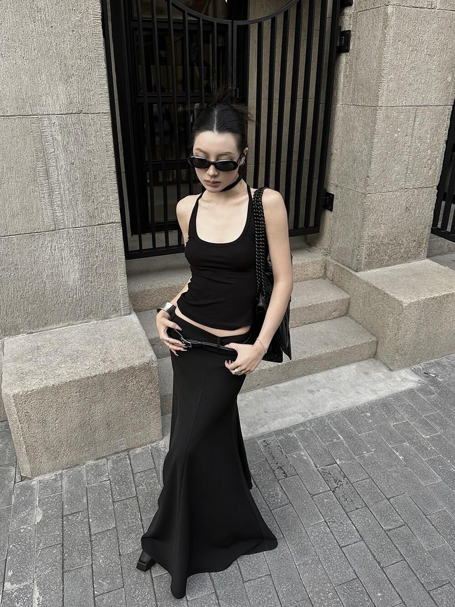 Fanptntox Black Tailored High Waist Slim Fit Long Solid Women's Mermaid Skirts