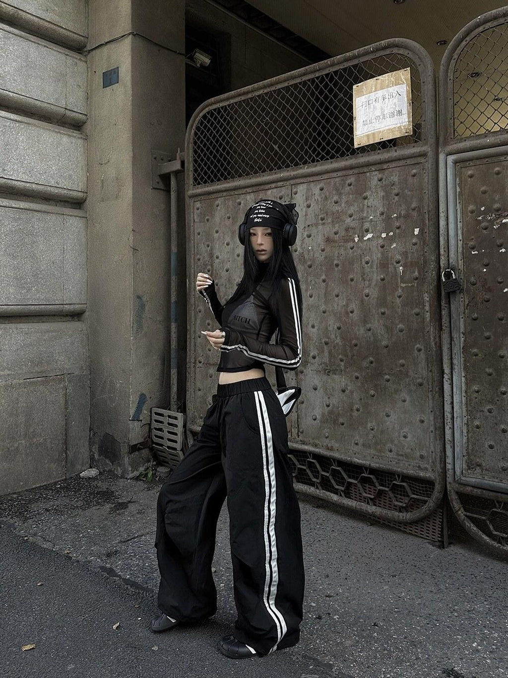 Fanptntox Black Tape Panel Street Casual Women's Loose Low Rise Wide-leg Pants
