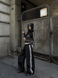 Fanptntox Black Tape Panel Street Casual Women's Loose Low Rise Wide-leg Pants