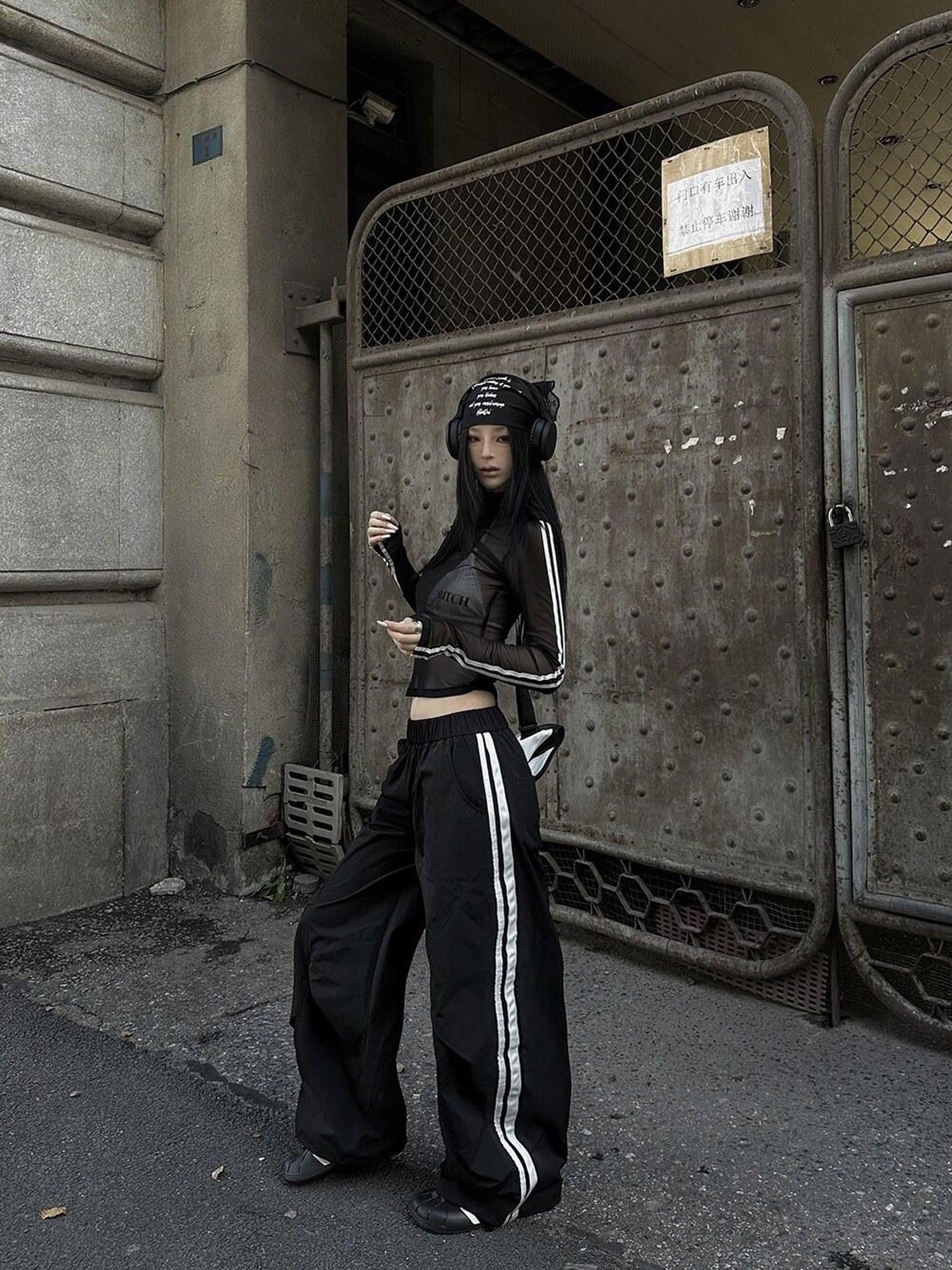 Fanptntox Black Tape Panel Street Casual Women's Loose Low Rise Wide-leg Pants