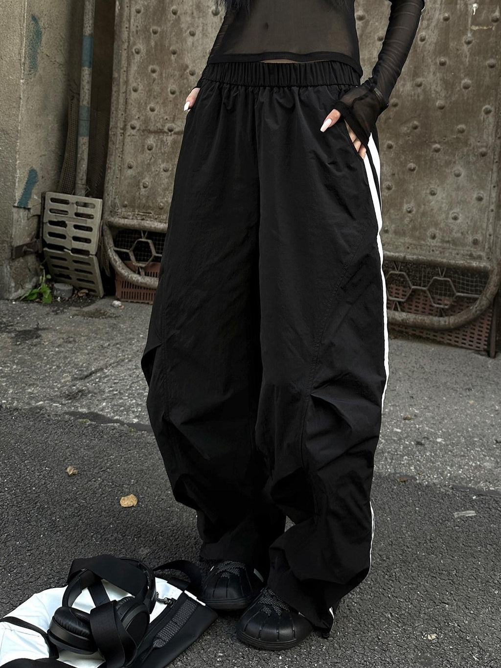 Fanptntox Black Tape Panel Street Casual Women's Loose Low Rise Wide-leg Pants