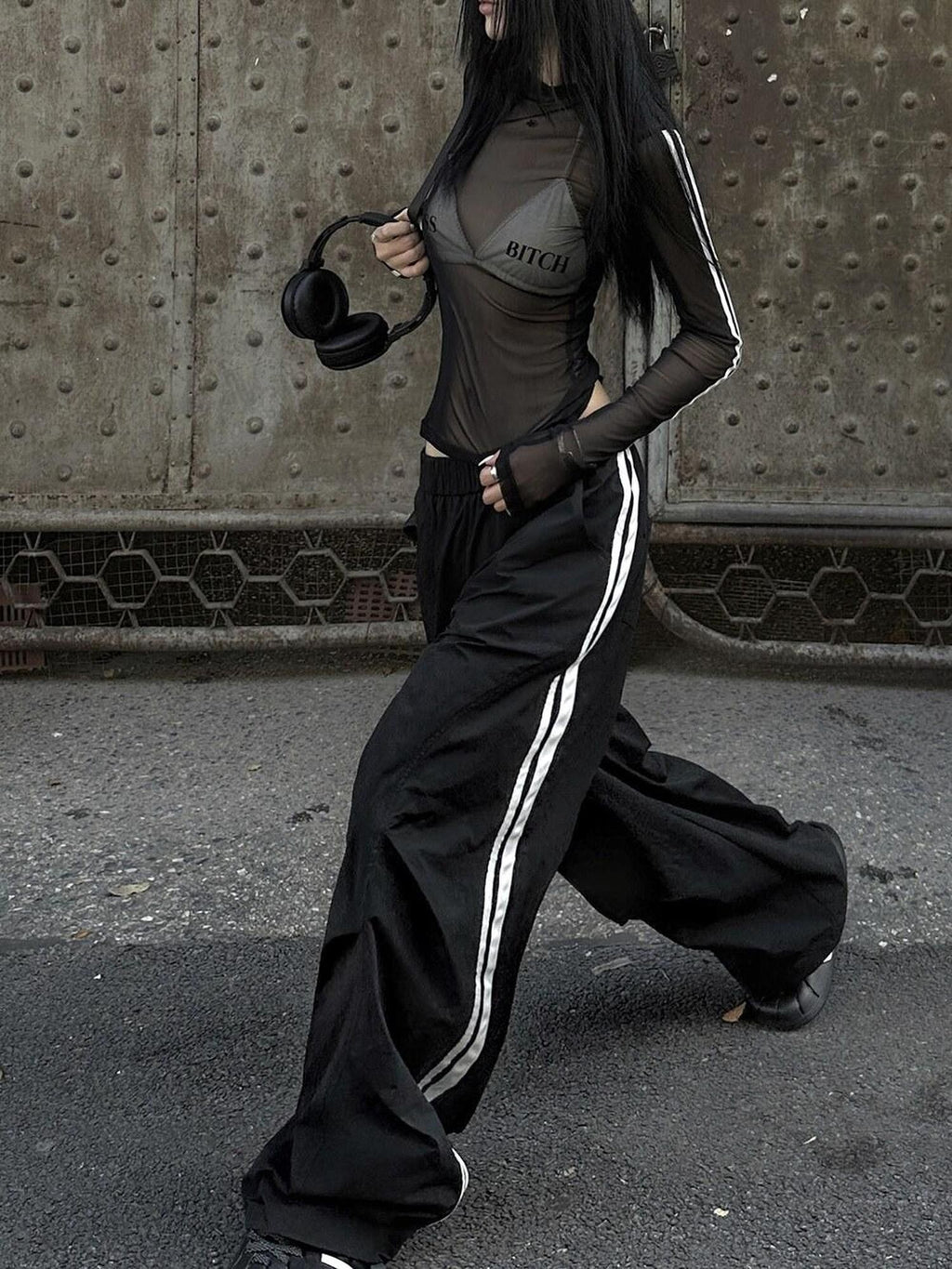 Fanptntox Black Tape Panel Street Casual Women's Loose Low Rise Wide-leg Pants