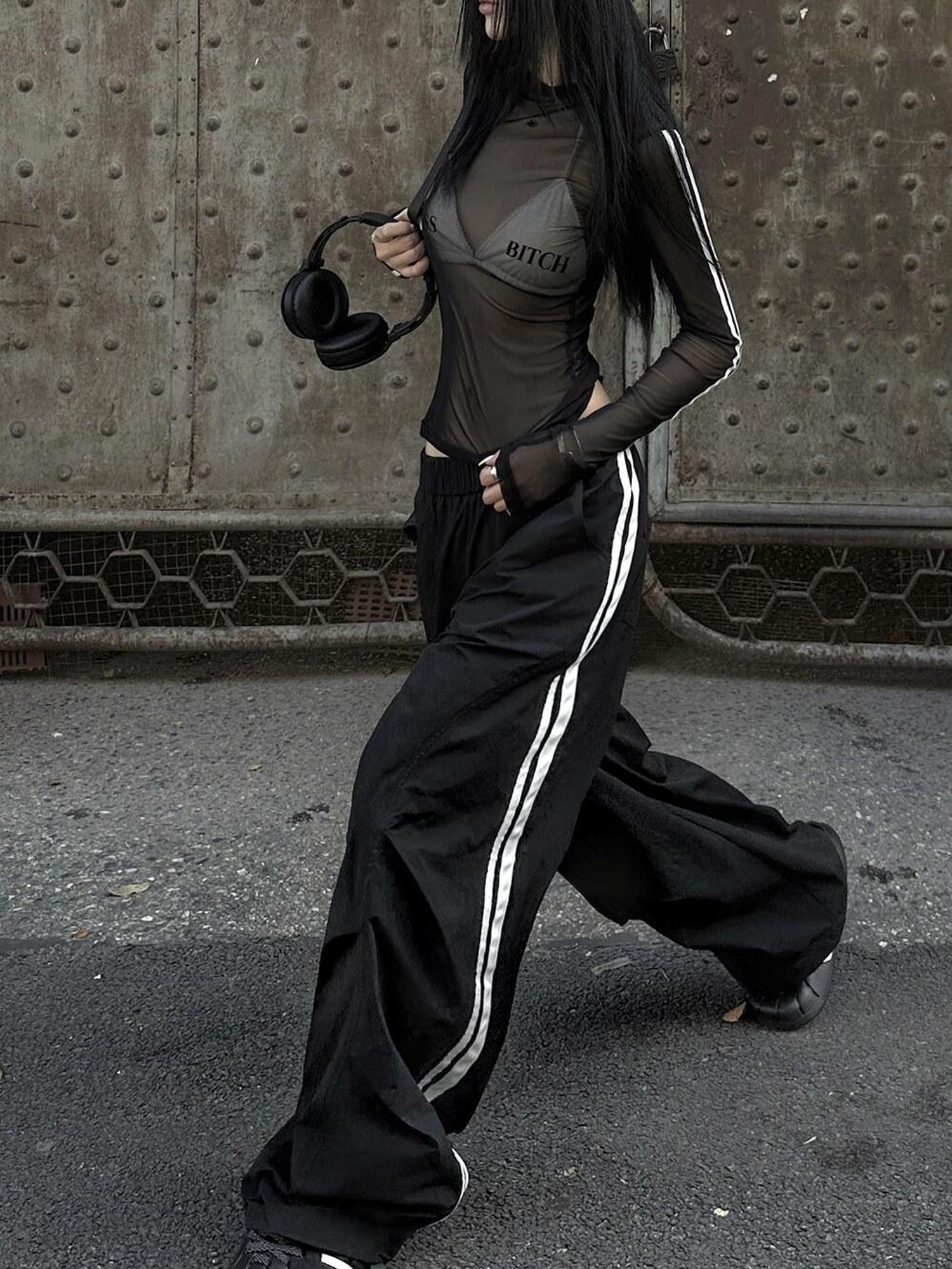 Fanptntox Black Tape Panel Street Casual Women's Loose Low Rise Wide-leg Pants