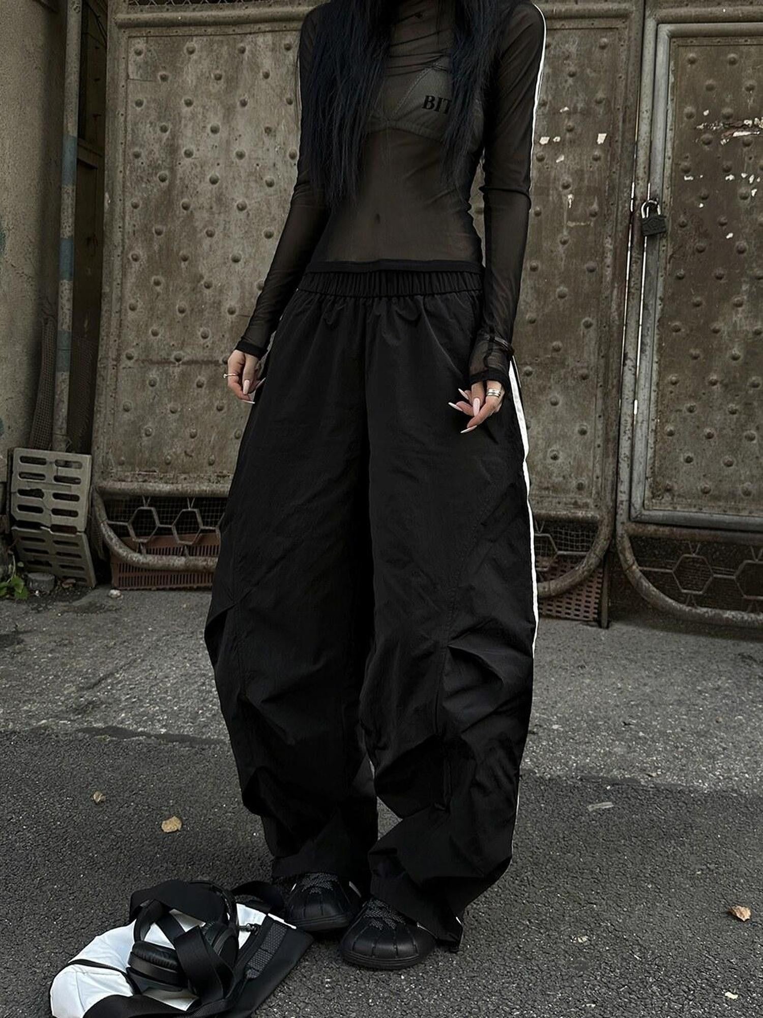 Fanptntox Black Tape Panel Street Casual Women's Loose Low Rise Wide-leg Pants