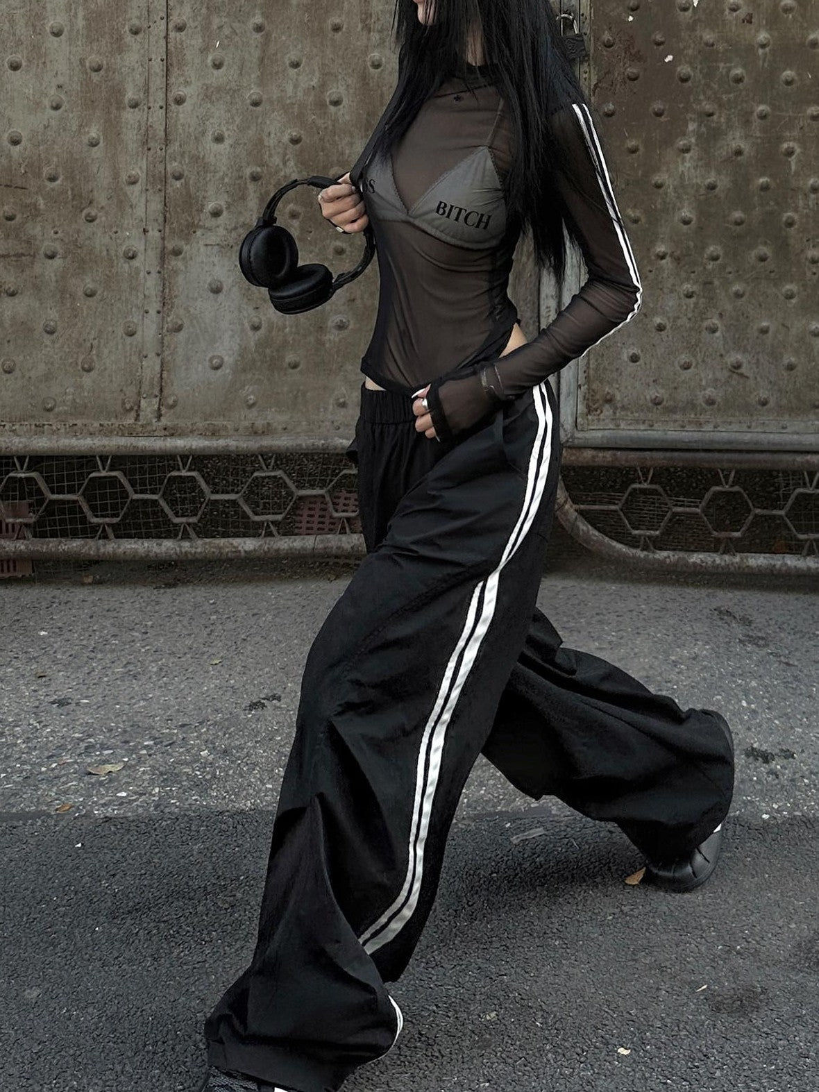 Fanptntox Black Tape Panel Street Casual Women's Loose Low Rise Wide-leg Pants
